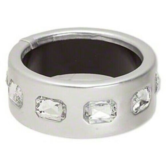 Slick Silver PU Vinyl and Rhinestones Chunky Mod Retro Wide Bangle Bracelet - Picture 1 of 1